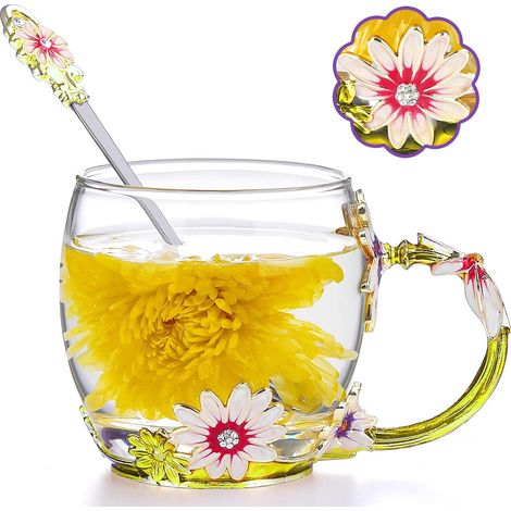 JHIJHOO Glass Tea Mug with Spoon Hand Made Enamel Rose Flower and Colorful Diamond Butterfly Clear Glass Coffee Cup Birthday Grandma Girl Graduate (1/5)