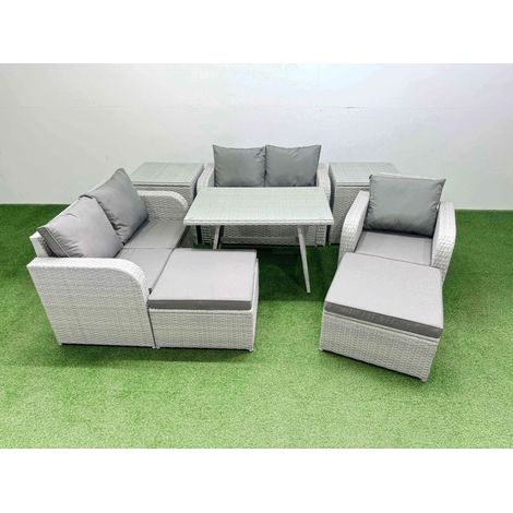 Fimous 7 Seater Outdoor Rattan Garden Furniture Set Love Sofa Reclining Chair Set with Rectangular Dining Table 2 Side Tables 2 Big Footstools Light Grey (1/4)