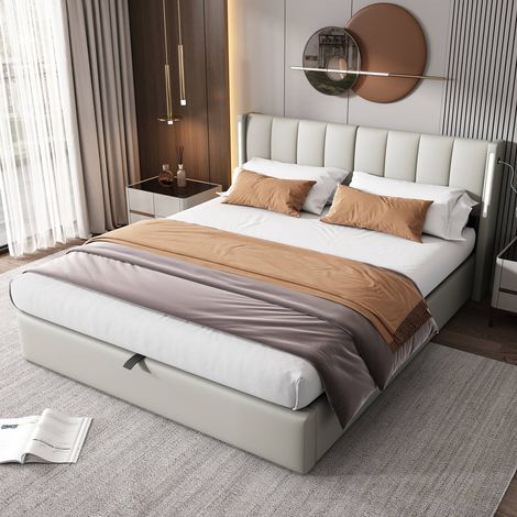 Lit double 180 x 200 cm en pu gris à rangement intégré, tête ajustable, led et usb rechargeable, vérin hydraulique (1/5)