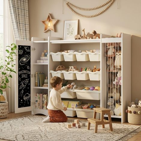 Meuble de rangement enfant - rangements intégrés - lin - organisation des jouets - rangement chambre - gain de place - blanc et noir (1/5)