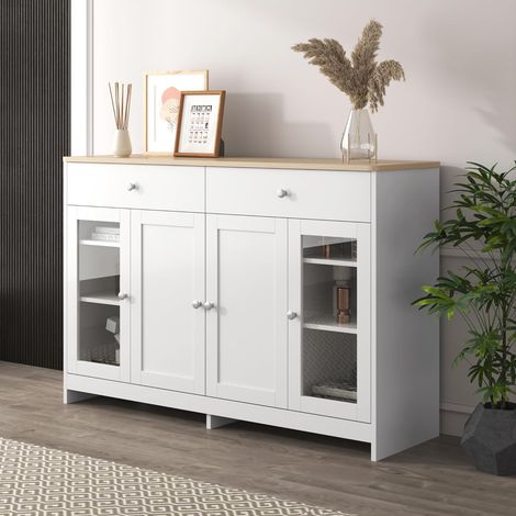 Need – Buffet de rangement 120x37x80 cm – 4 armoires et 2 tiroirs – MDF blanc et bois – Style campagnard pour salon et cuisine (1/5)