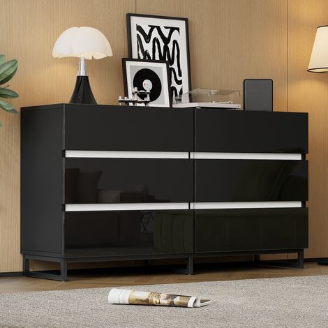 Buffet de salon 140 x 39,5 x 78,5 cm, meuble de rangement à 6 tiroirs, commode laquée brillante, meuble à 3 pieds en métal, meuble d'appoint très robuste, blanc et noir. (1/5)
