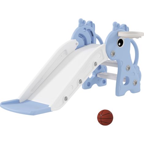 Toboggan pour enfants - AIYAPLAY - 3 en 1 - en forme de girafe - panier de basket, escalade et ballon - 106 x 51,5 x 52 cm - bleu