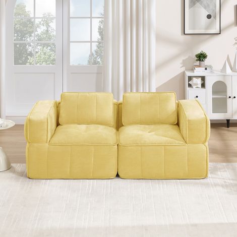 Canapé 2 places modulable angle 198x93x67 sans armature, mousse 32D, assise profonde, doux, sans montage, sable,jaune (1/5)