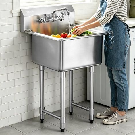 Évier de Préparation Utilitaire en Acier Inoxydable, Petit Évier sur Pied à 1 Cuve 45,7x45,7 cm Avec Robinet et Pieds, Évier Commercial pour Nettoyage Garage, Restaurant, Cuisine, Buanderie (1/4)