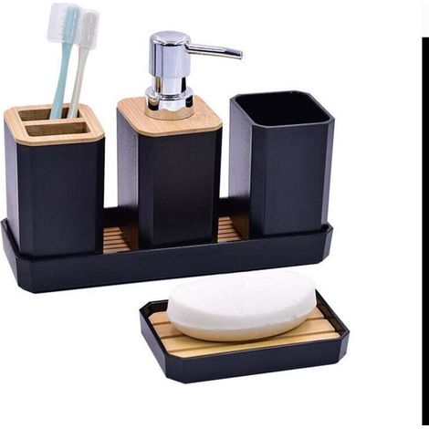 5 Pièces Ensemble d'Accessoires de Salle de Bain Accessoire pour Salle de Bain en Bambou avec Bouteilles de Lotion, Porte-Brosse à Dents, Gobelet à Dents, Porte-Savon, Plateau (Noir) (1/4)