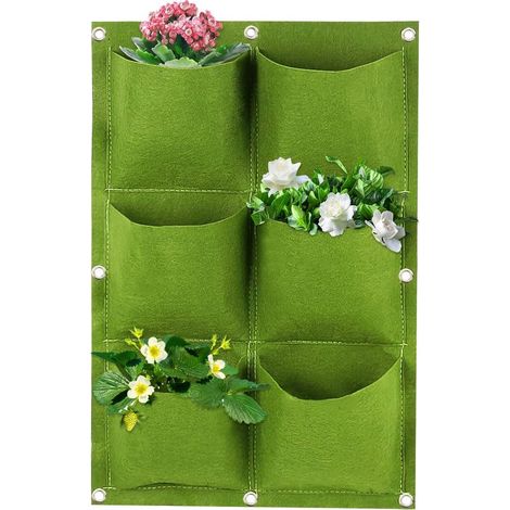 Sac à Plantes Mural Suspendu, 6Poches Sacs de Plantation Verticaux en Feutre, Sacs de Culture Muraux Poche à Fleurs de Jardin pour Fraise Extérieur Maison Décoration (Vert) (1/5)