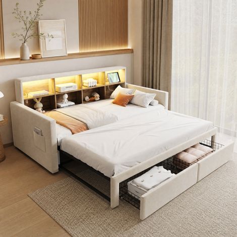 Lit banquette extensible 90x190 cm avec LED, prises et 2 tiroirs, velours beige DESVIAE (1/5)