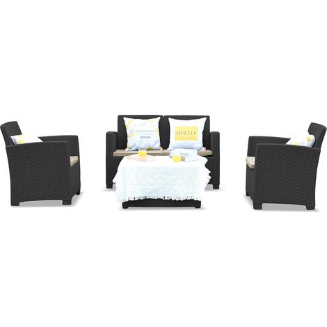 Homeology SANTANA 4 Piece PE Rattan 4-Seater with Cushions Garden Furniture and Coffee Table Set in Black (1/5)