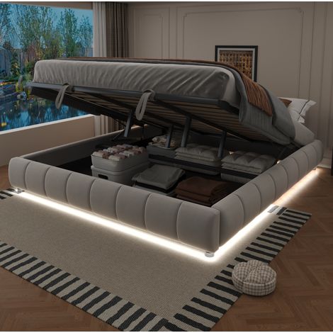Cama con almacenaje 180x200 cm beige en terciopelo con elevación hidráulica y LED blanco (1/5)