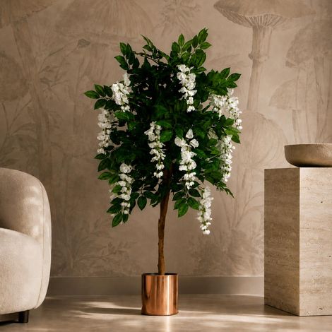 130cm Luxury Artificial Wisteria Tree White Flowers - Premium Range Copper Metal Planter - Premium Quality (1/5)