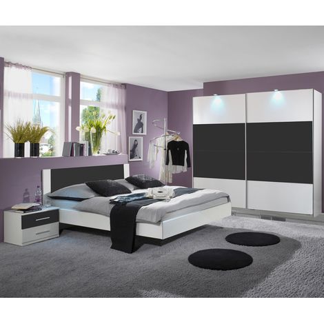 Pegane – Chambre complète adulte blanc anthracite – Lit futon 180x200 cm – 2 tables de chevet 2 tiroirs – Armoire 2 portes coulissantes (1/3)