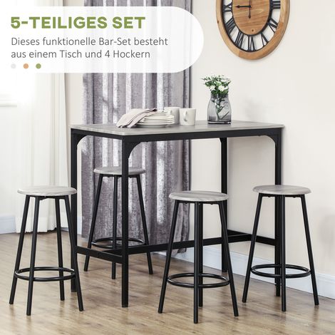 Ensemble bar 5 pièces table + 4 tabourets design industriel compact style rustique (1/4)