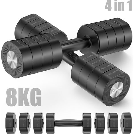 4-in-1 Adjustable Dumbbell - MERACH, Set of 2 Weights from 1 to 8KG, Home or Gym, for Men and Women, Black