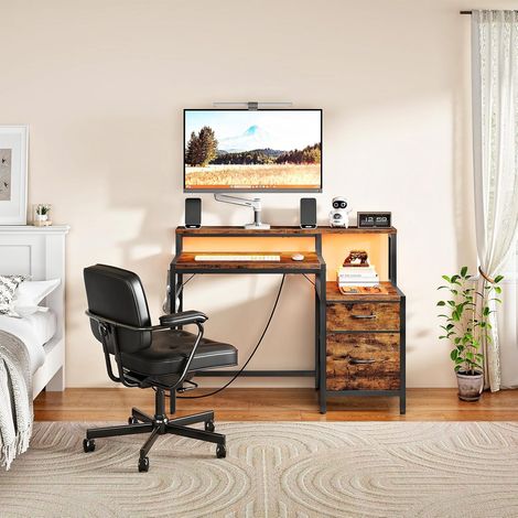 Computer Desk with Fabric Drawers, 120 cm Gaming Desk with Power Outlet and LED Lights, Office Desk with Monitor Stand, for Home Office, Study, Living Room, Rustic Brown and Black,HOOBRO EBF20KDDN01