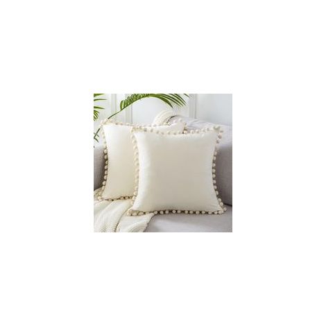 Housse Coussin 40x40 Pompons Décoratif en Velours Doux Taie d'oreiller Lot de 2 Décoration pour Coussin Canapé Chambre Salon Chaise Fauteuil Bureau Café Style Moderne Boheme,Crème Ecru