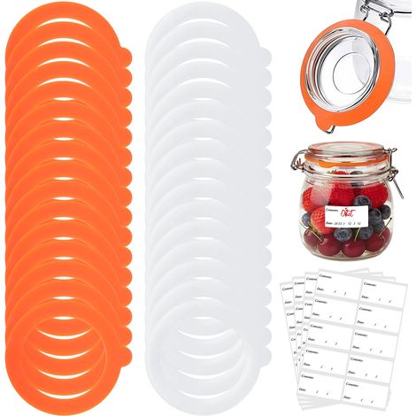 32 PCS Joint Bocaux En Silicone, avec 4 Autocollants, 69 x 97mm Interchangeables Joints de Bocal, Bocaux à Bonbons Remplacement pour Couvercle à Pince en Verre(orange, blanc) (1/5)