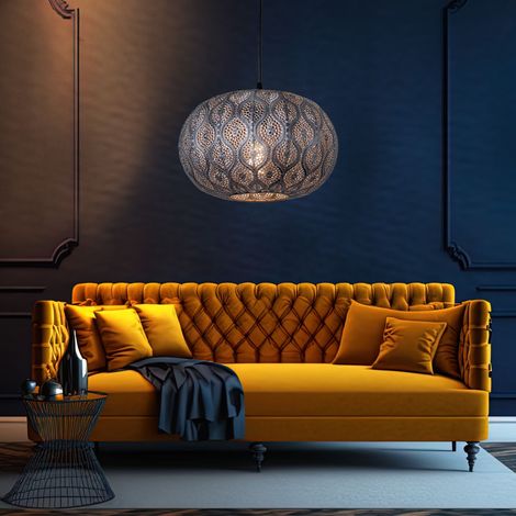 Plafonnier suspendu au design oriental avec abat-jour rond, noir argent métallisé, 1x E27, DMxH 30x120cm, salon salle à manger (1/5)