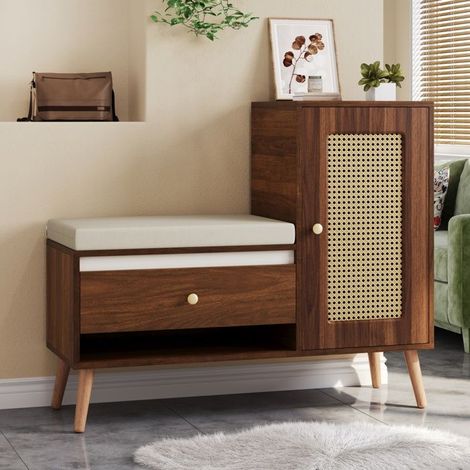 Mueble para zapatos de entrada - Ratán con banco - 1 puerta 1 cajón - 4 estantes ajustables - Color nogal (1/5)