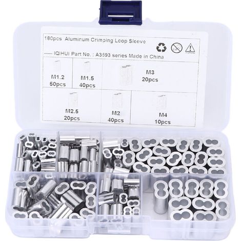 Jeffergarden 180pcs Kit de manchons de boucle de sertissage 6-Taille en aluminium à double barillet Universel pour cble métallique Extrémité de ligne (1/5)