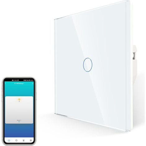 Interrupteur tactile intelligent, pas de neutre nécessaire, Switch fonctionne avec Google Home, minuterie, plaque en verre blanc sans vis et rétroéclairage LED, 1 gang (1/5)