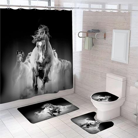 Ensembles De Rideaux De Douche Cheval 4 Pièces Ensemble De Salle De Bain(style 1), Rideau De Douche Imperméable Cheval Noir Animal Tapis De Contour (1/5)