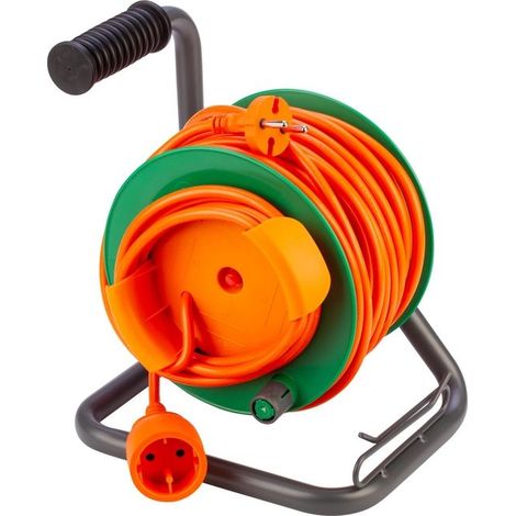 Poly Pool PP2702 Serie Mini Avvolgicavo Elettrico 230 V 15 m Cavo H05VV-F 2x1,5 mm² Spina e Presa 16 A 2P Standard Tedesco Disgiuntore Termico Integrato colore Arancione e Verde