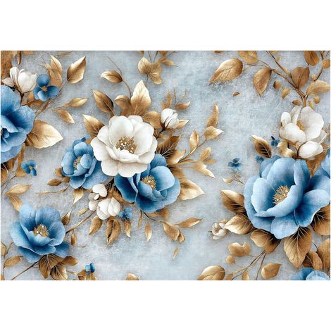 Papier peint mural fleurs bleu or glamour intissé grand format design intérieur salon chambre pas cher 300x210 cm (1/5)