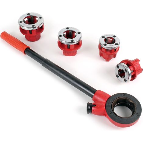 Wiltec – Coffret de filières de plombier 4 têtes – Ø 20,96 mm (R 1/2") – Ø 41,91 mm (R 1 1/4") BSPT – Porte-filière avec rallonge à cliquet