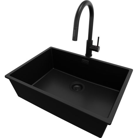 PRIMAGRAN Evier Sous Plan 66x47cm, Evier en Granit 1 bac + Robinet 40x20cm + Kit de Vidage, Évier au meuble 70cm - London, Tout Noir