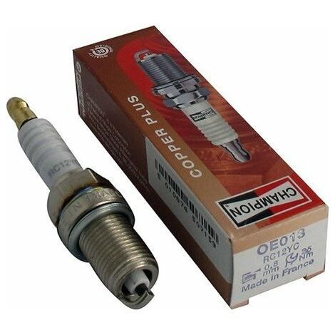 CHAMPION RC12YC spark plugs compatible with NGK BKR5ES spark plugs for lawnmower engines. (1/4)