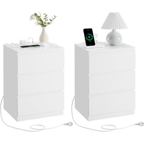 Vasagle – Lot de 2 tables de chevet avec multiprise – 3 tiroirs biseautés – 2 prises CA et 2 ports USB – Blanc nuage – Dimensions 35x40x59 cm