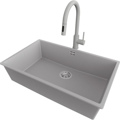 PRIMAGRAN Evier Cuisine en Granit 76x47cm,Lavabo 1 bac + Robinet 40x20cm + Kit de Vidage, Évier à Encastrer au meuble 80cm - London Slim, Gris (1/5)