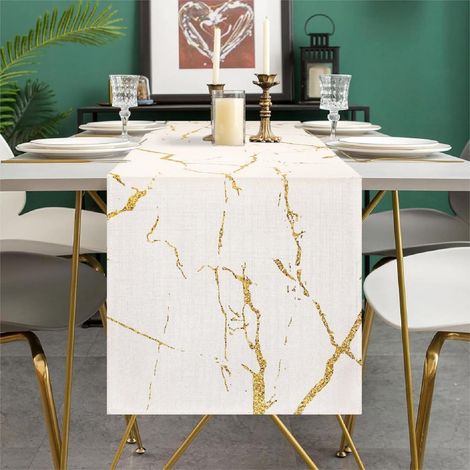 Chemin de Table Printemps été Nappe Moderne Art Abstrait Géométrique Marbre Blanc Texture Dorée Nappe pour Fête Mariage Cuisine Salon Chemin de Table Décoratif Lin 40x140 cm (1/5)