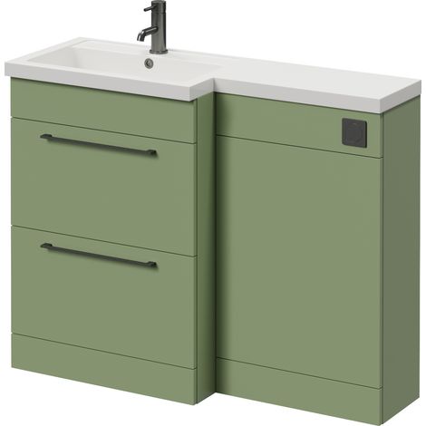 Napoli 390 Olive Green 1100mm 2 Drawer Vanity Unit Toilet Suite with Square Left Hand Lucia Basin - 1100mm - Gunmetal Grey 320mm HandleWithout Kingston Toilet Pan