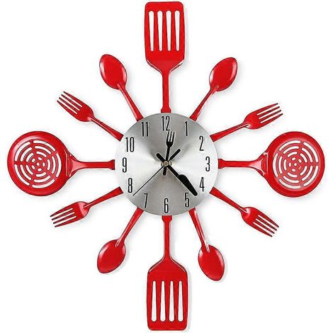 Große Küchenwanduhr (16 Zoll) mit Löffeln und Gabeln (Rot)