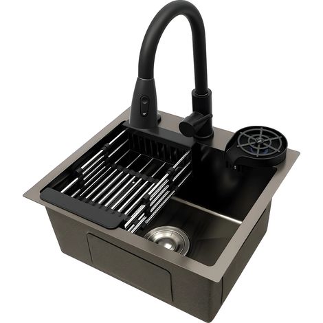 Ensemble d'évier de cuisine, design multifonctionnel, acier inoxydable durable, noir (1/2)