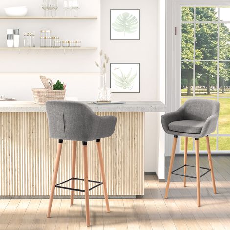 Tabourets de Bar Design scandinave - Lot de 2 tabourets de Bar Grand Confort avec Repose-Pieds et accoudoirs - Bois massif Lin Gris foncé