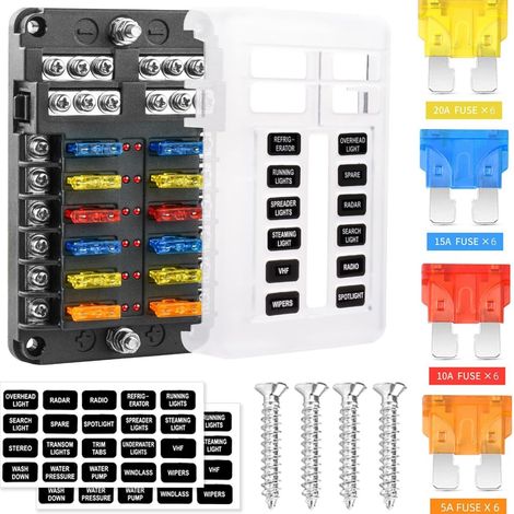 12-way automotive fuse box with LED indicator and separate fuse holders for positive and negative polarity