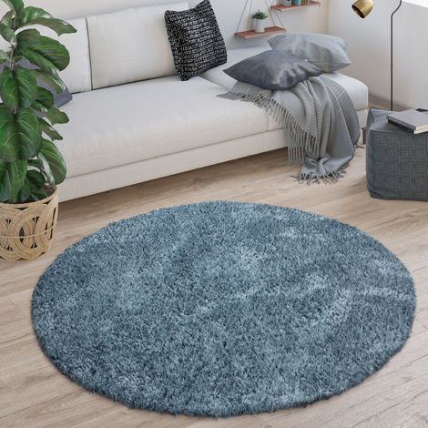 Paco Home Tapis Rond Poil Long Salon Shaggy Tapis Poil Long Moelleux Moderne Monochrome Bleu, 80 cm rond (1/4)
