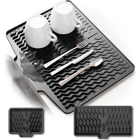 RoseFlower Lot de 3 tapis de séchage en silicone pour évier, égouttoir pour égouttoir à vaisselle, tapis de séchage antidérapant avec rebord de drainage, tapis de séchage résistant à la chaleur pour