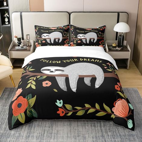 Paresseux Parure de lit pour Enfants Garçons Filles Dessin animé Paresseux Housse de Couette 140x200cm 100% Coton Joli Motif Animaux Housse de Couette Feuilles Florales Branches décor - 140 x 200 cm + (1/5)