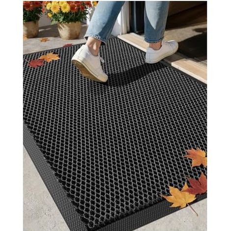 Tapis d'entrée élastique en soie - Tapis d'extérieur pour la maison, la terrasse et les portes - Durable, antidérapant et à séchage rapide, 43 x 76 cm, noir et gris (1/5)