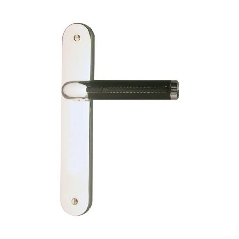 Ouvre&Déco – 1 poignée de porte TEXAS sans trou, côté réversible laiton chromé cuir noir entraxe 195 mm