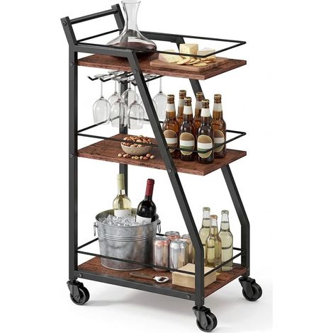 Carro de cocina Relaxdays, 3 niveles, portacopas, estilo industrial, con ruedas 83×39×29 cm (Al x An x Pr), marrón/negro