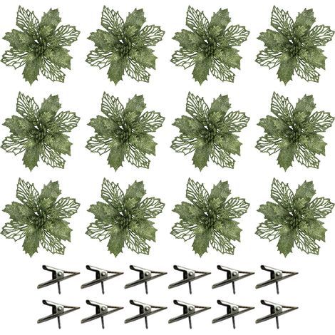 (Green) Octagonal Christmas tree ornament in the shape of a flower, openwork and glittery, 16 cm, made of plastic and gold powder. (1/5)