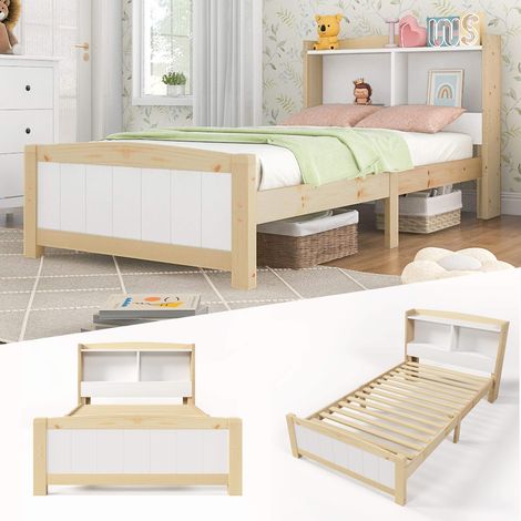 Lit simple massif pin 90x200 cm naturel & blanc, tête rangement étagères, sommier lattes, style minimaliste enfant/adolescent (1/5)