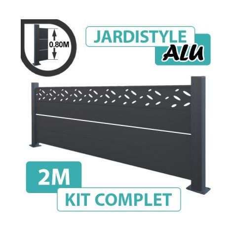 Kit Clôture Aluminium Gris Anthracite 2M - Design avec liseré - Sur Platines - 0,80 mètre