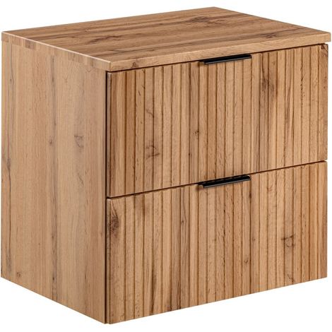 Furnidea - Meuble de salle de bain suspendu sous vasque avec plan ADEL CHÊNE 60 cm - 2 tiroirs - Façades rainurées (1/5)