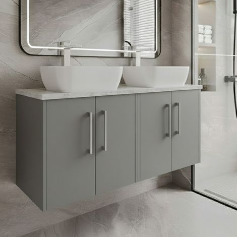 Hudson Reed Juno Wall Hung 4-Door Vanity Unit with Bellato Grey Worktop 1200mm Wide - Coastal Grey (1/4)